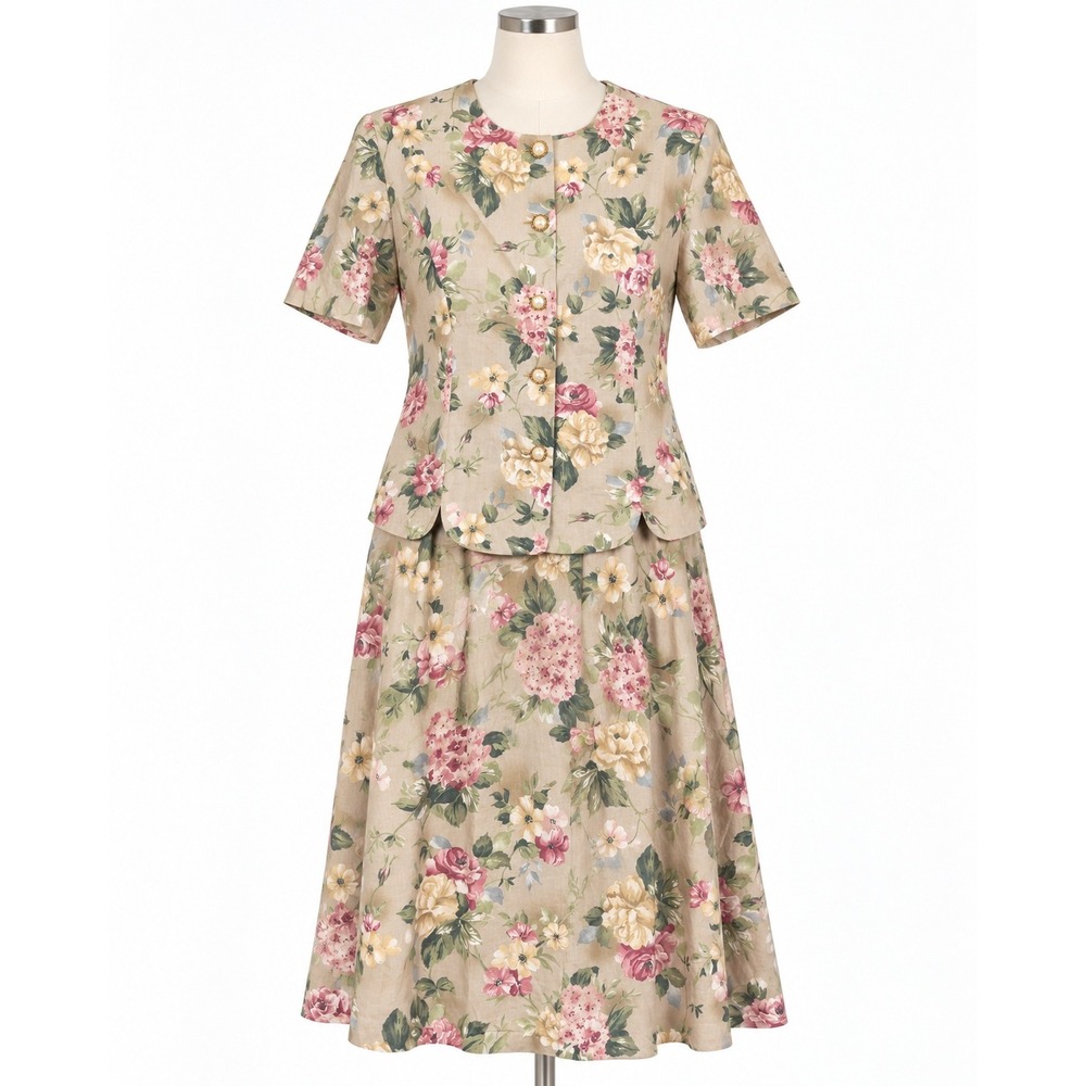 Good Times Floral Skirt Set Womens 18 Beige Pink Cotton Vintage Made in USA Exc